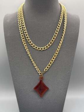 Chunky Lightweight Gold Tone Chain Necklace Orange Diamond Novelty Pendant Vtg